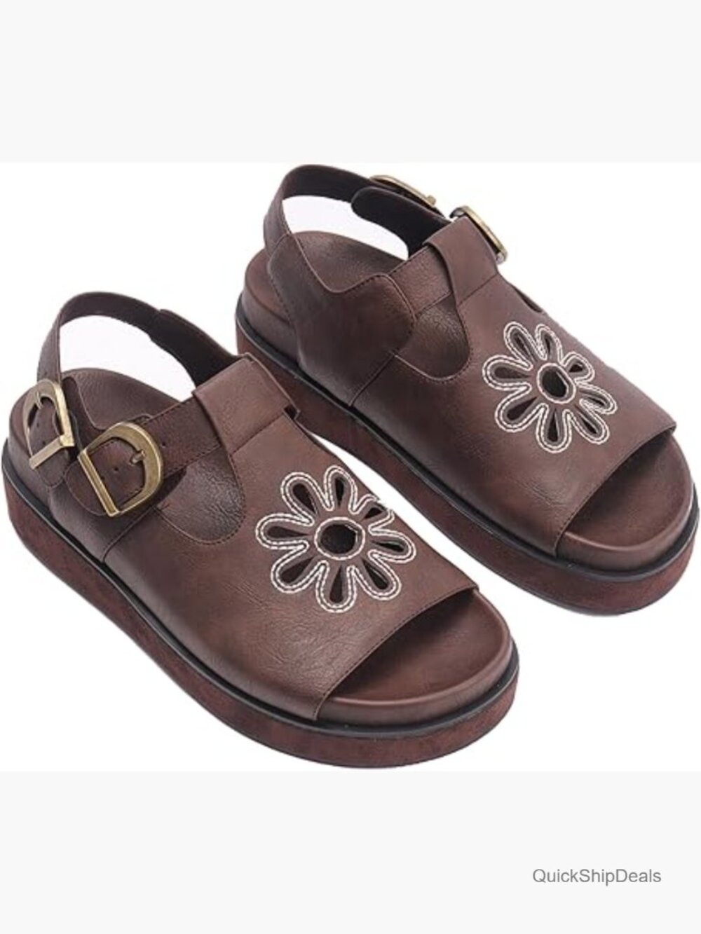 Brown Floral Cutout Leather Slingback Sandals